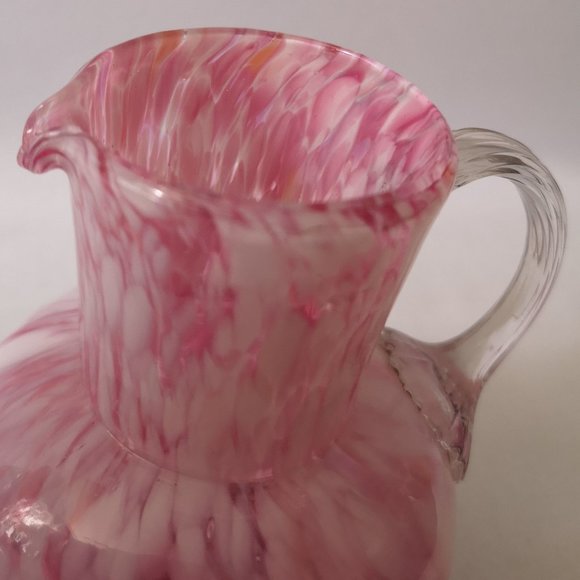 Gorgeous Hand-blown Art Glass Vase, Pink w White Applied Ribbed w Flower Handle - Picture 5 of 6